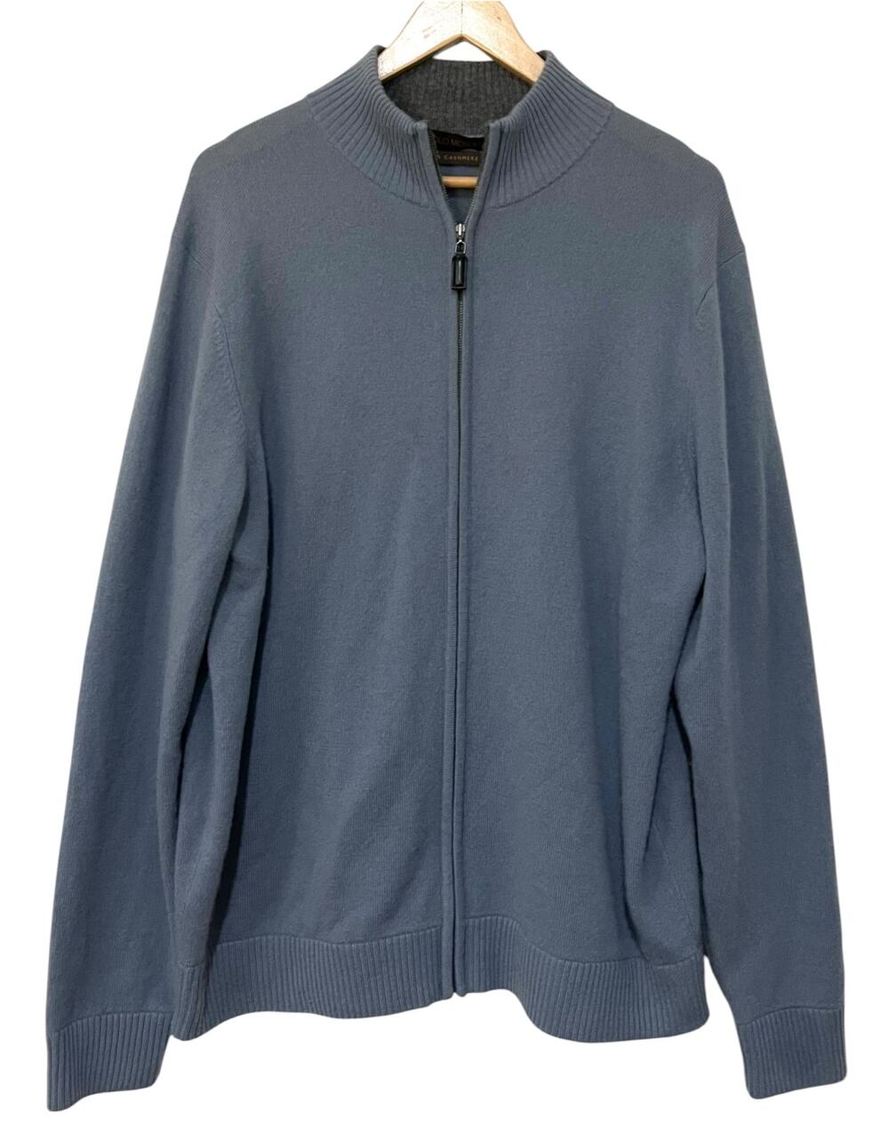 Paolo Mondo Cardigan 100% Cashmere Sweater Blue Full Zip Mock Neck Mens Large
